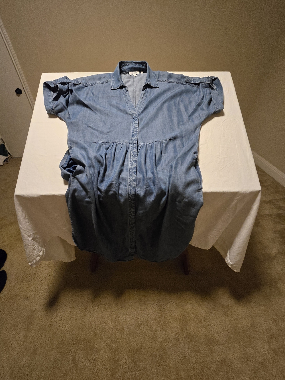 Chico's Tencel Denim Shirt Dress Short Sleeve Midi Blue Shirred Size 1 (8)